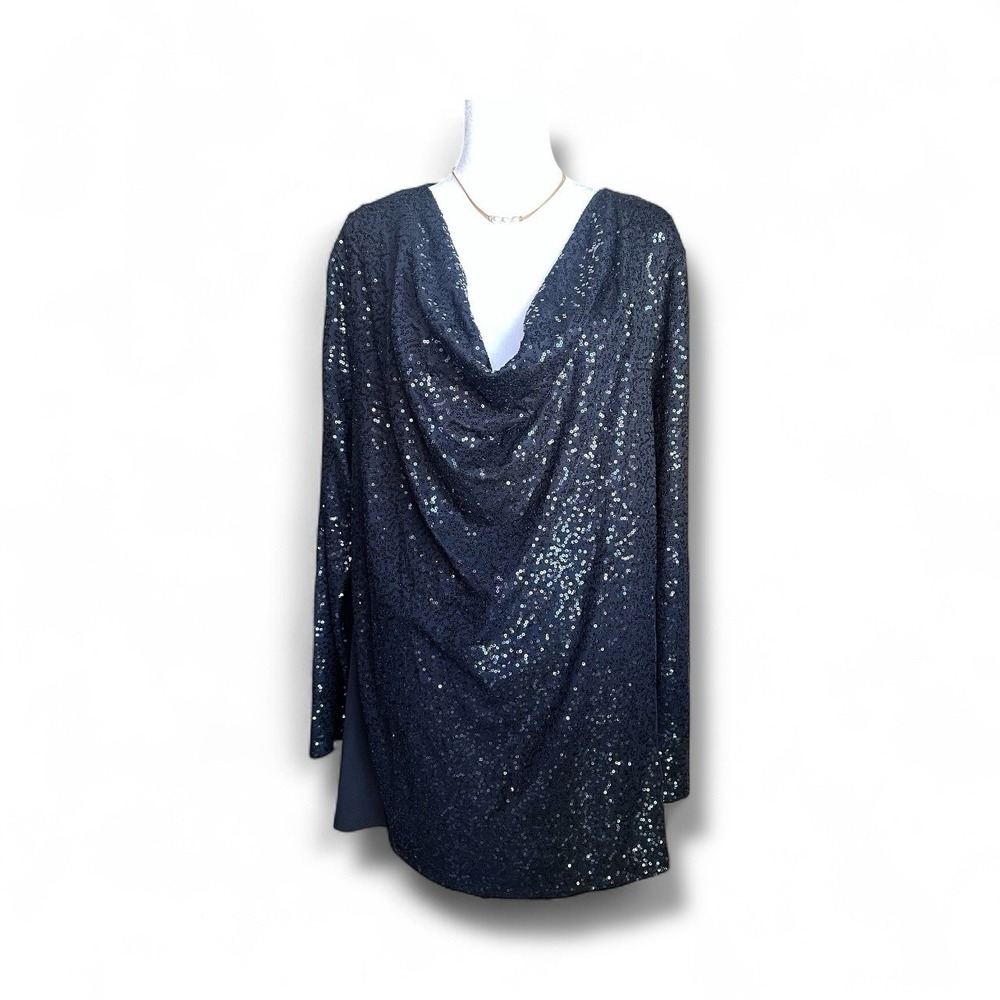 Jones New York Woman's 3X Black Sequin Cowl Neck Stretch Top Blouse‎ NWT Party